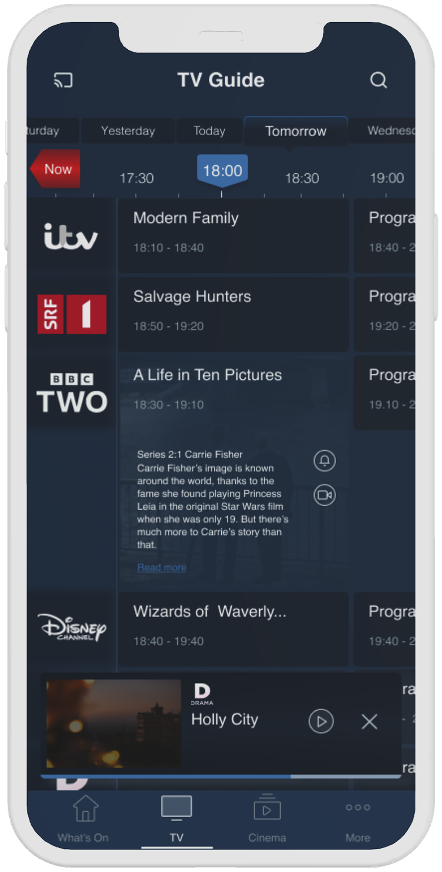Mobile EPG with Now button highlighted in the timeline navigation